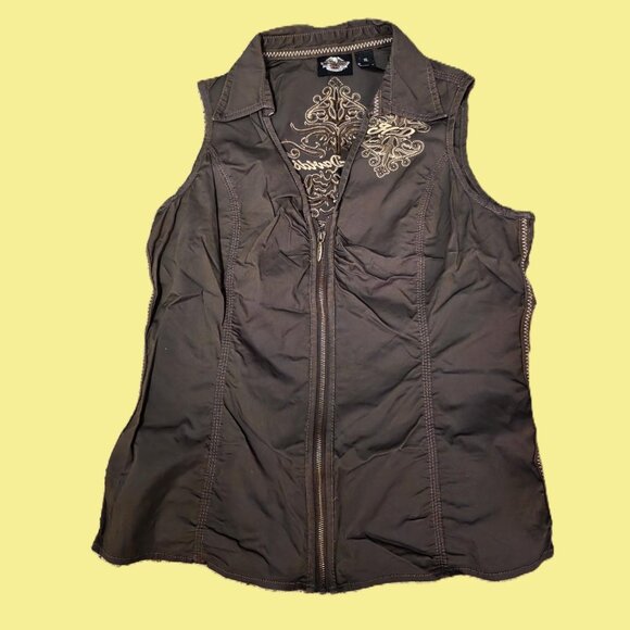 HARLEY DAVIDSON Women's Vest Top XL brown Embroidered Logo sleeveless zippered - Picture 2 of 8